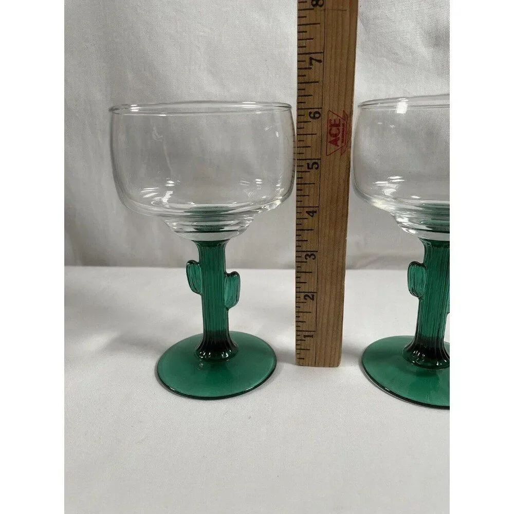 Pair of Vintage Libbey Clear Margarita Glasses W/Green Cactus Stem